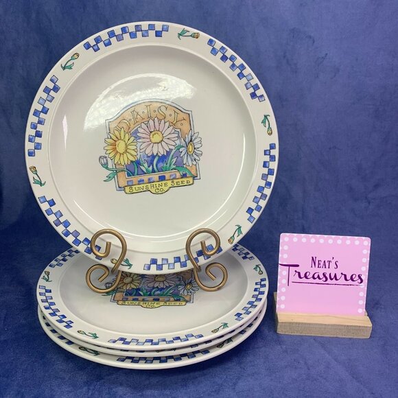Gibson DAISY Sunshine Seed Co. Blue Check Rim Stoneware 10.5 Dinner Plates Set 4 - Picture 1 of 11